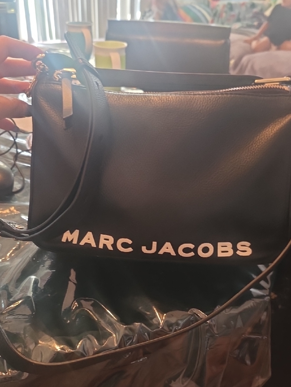 Marc Jacobs Black Leather Logo Satchel with White Lettering